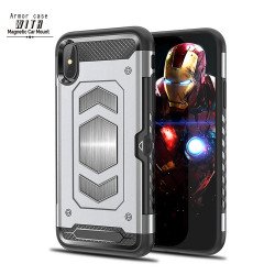 iPhone Xr 6.1in Metallic Plate Case Work with Magnetic Holder and Card Slot (Silver)
